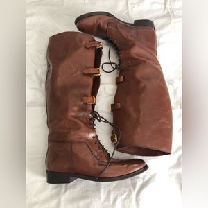 Burberry Brown Leather Tall Boots with Buckles and Laces size 7
